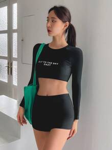 DAZY Bikini à manches longues et col rond avec slogan imprimé pour femmes, pour vacances d'été à la plage. Maillot de bain tankini - Noir - Voir 1