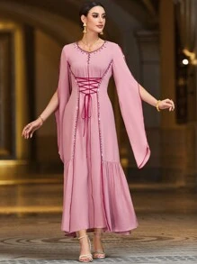 Layrah Diamonds Decorated Cross Strap Waist Tied Cape Sleeve Modest Dress Elegant Luxury Long Sleeve Kaftan Dress, Elegant Luxury Evening Party Style - Dusty Pink - View 4