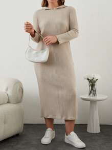 RueChic Solid Ribbed Knit Drop Shoulder Hooded Dress - Apricot - View 3