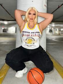 SHEIN SXY Plus Size Basketball Printed Color-Block Slim Fit Ribbed Tank Top