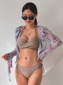 DAZY Peplum Hem Embellished Short Kimono Jacket With Ruffled Edge For Summer Beach Vacation Sheer,Tankini Bathing Suit - Multicolor - View 6