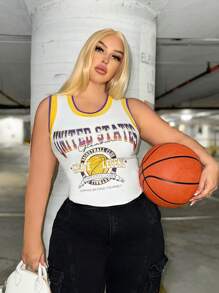 SHEIN SXY Plus Size Basketball Printed Color-Block Slim Fit Ribbed Tank Top