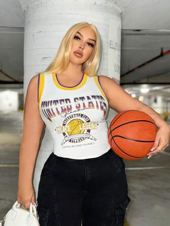 SHEIN SXY Débardeur côtelé coupe slim à bloc de couleurs imprimé basketball, grande taille