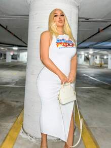 SHEIN SXY 大尺碼火焰圖案印花束腰側開高開叉無袖長裙 - 白色 - 查看 4