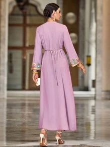 Al Najma 女士优雅二合一厚重拼布缎带装饰长袖粉色长袍，超长款摩洛哥卡夫坦连衣裙