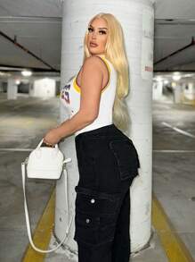 SHEIN SXY Plus Size Basketball Printed Color-Block Slim Fit Ribbed Tank Top