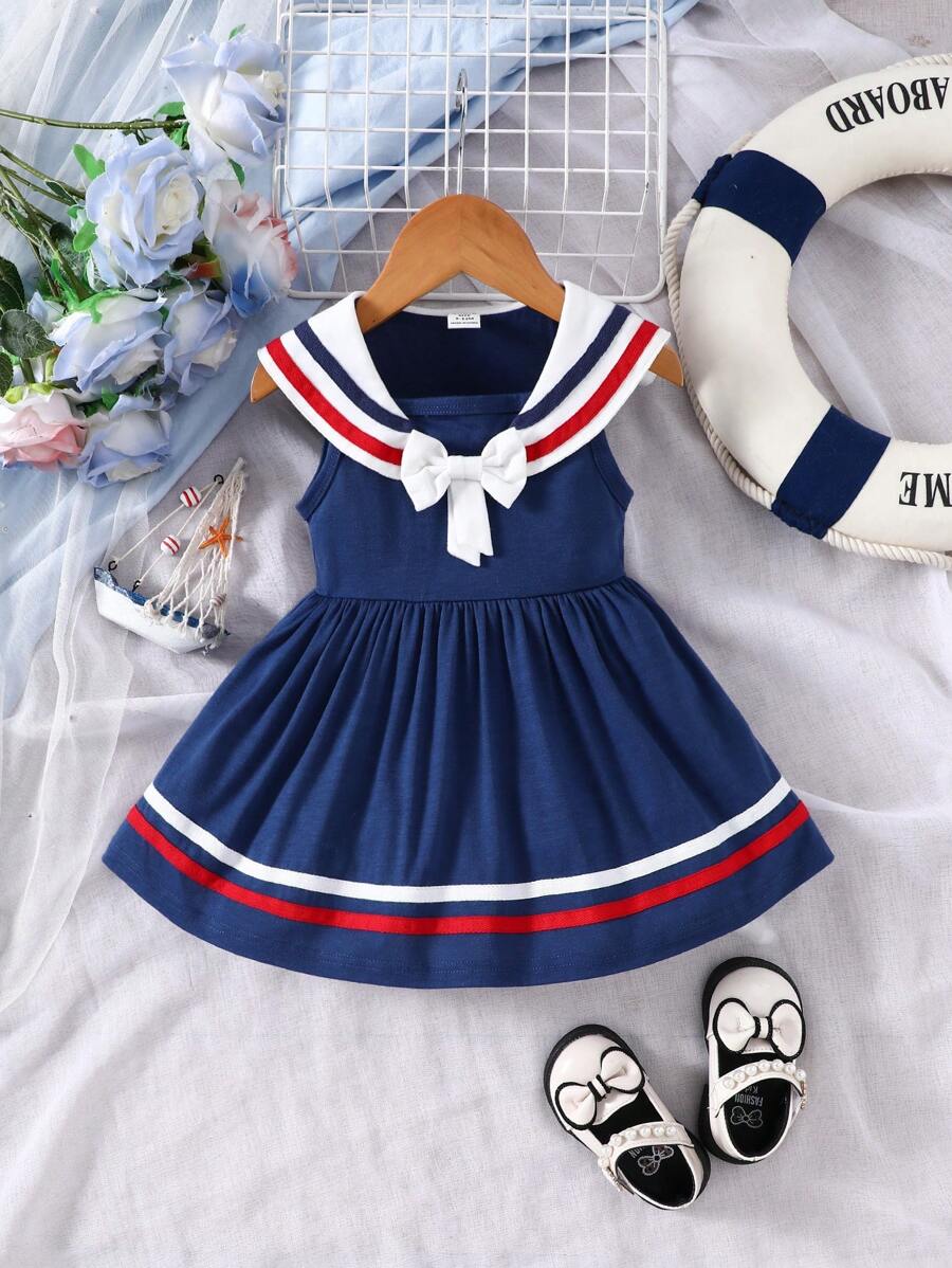 Baby Girls' Striped Contrast Color Sailor Collar Dress With Bow Decoration - Blue - View 1