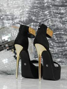 女士高跟凉鞋，正面拉链装饰，露趾设计，细高跟，防水厚底，适合春夏穿着 - 黑色 - 查看 2