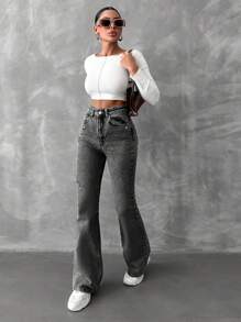 EURMUSE Chất rắn Quần ống loe - Xám - Xem 4