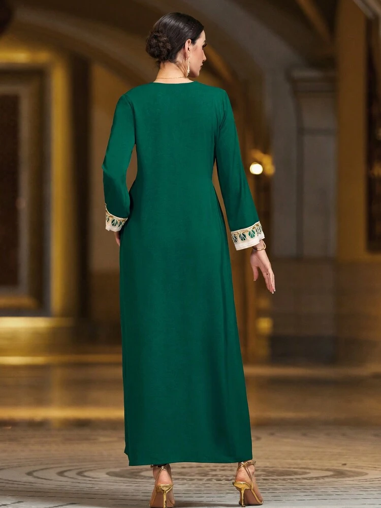 Color Block Beaded & Shell Decor Arabian Style Dress Kaftan Jalabiya Dress