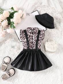 Đứa bé gái In hoa Báo Ruffle Áo Và Váy yếm Bộ - màu đen - Xem 4