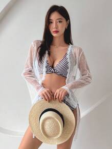 DAZY Women's Lace Floral Edge Mesh Short Kimono Robe For Summer Beach Vacation Sheer