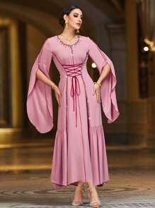 Layrah Diamonds Decorated Cross Strap Waist Tied Cape Sleeve Modest Dress Elegant Luxury Long Sleeve Kaftan Dress, Elegant Luxury Evening Party Style - Dusty Pink - View 1