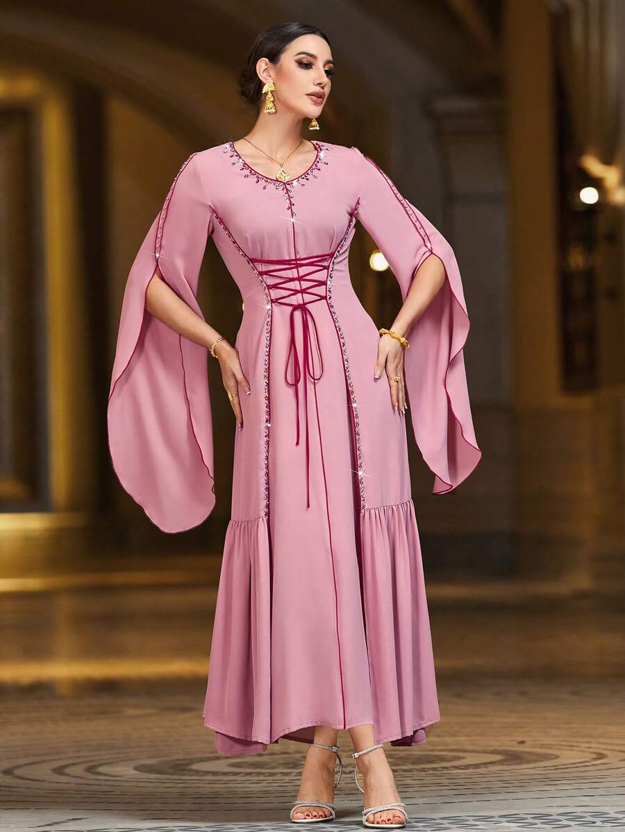 Layrah Diamonds Decorated Cross Strap Waist Tied Cape Sleeve Modest Dress Elegant Luxury Long Sleeve Kaftan Dress, Elegant Luxury Evening Party Style - Dusty Pink - View 1