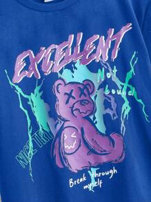 SHEIN Camiseta cómoda casual para niños preadolescentes con cuello redondo, impresa con letras y un oso - azul real - Ver 3
