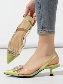 Women's Pointed Toe Stiletto Heels With Rhinestone Decor, Metal Buckle, Elegant Cat-Shaped Heel Back Strap, Ideal For Parties, Dates, Shopping, Spring & Summer Seasons, Green Pvc High-Heeled Shoes - Green - View 2