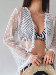 DAZY Women's Lace Floral Edge Mesh Short Kimono Robe For Summer Beach Vacation Sheer