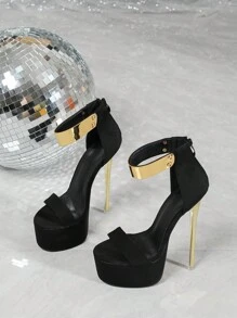 女士高跟凉鞋，正面拉链装饰，露趾设计，细高跟，防水厚底，适合春夏穿着 - 黑色 - 查看 3