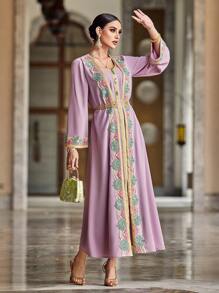 Al Najma 女士优雅二合一厚重拼布缎带装饰长袖粉色长袍，超长款摩洛哥卡夫坦连衣裙