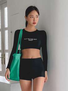 DAZY Bikini à manches longues et col rond avec slogan imprimé pour femmes, pour vacances d'été à la plage. Maillot de bain tankini - Noir - Voir 2