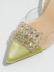 Women's Pointed Toe Stiletto Heels With Rhinestone Decor, Metal Buckle, Elegant Cat-Shaped Heel Back Strap, Ideal For Parties, Dates, Shopping, Spring & Summer Seasons, Green Pvc High-Heeled Shoes - Green - View 7