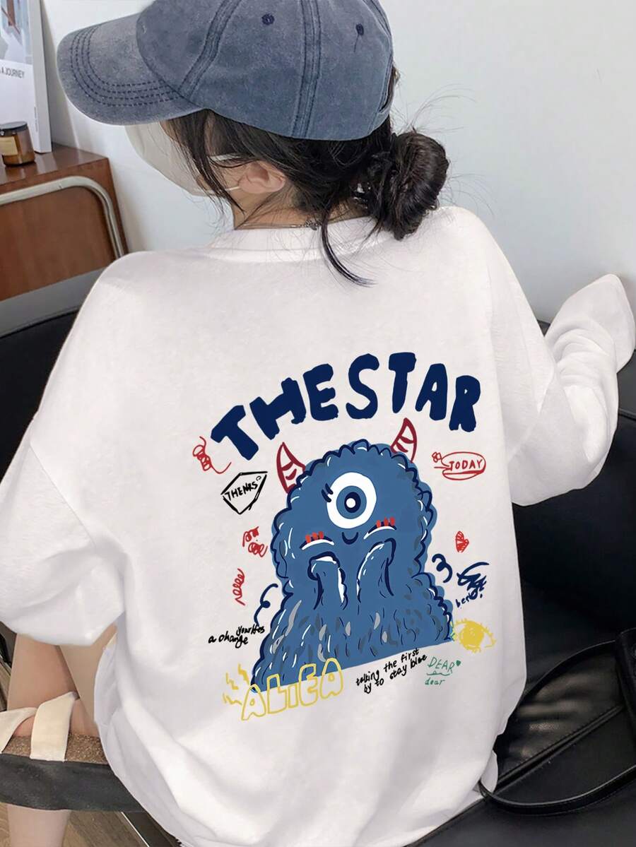 女士休闲圆领长袖 T 恤，带有可爱图案印花，百搭，秋冬款 - 白色 - 查看 1