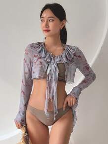 DAZY Peplum Hem Embellished Short Kimono Jacket With Ruffled Edge For Summer Beach Vacation Sheer,Tankini Bathing Suit - Multicolor - View 5