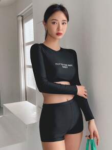 DAZY Bikini à manches longues et col rond avec slogan imprimé pour femmes, pour vacances d'été à la plage. Maillot de bain tankini - Noir - Voir 4