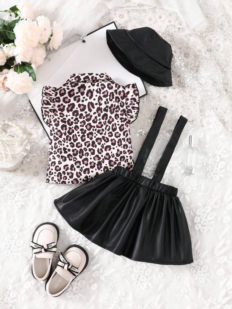 Baby Girl Leopard Print Ruffle Top And Suspender Skirt Set