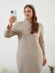 RueChic Solid Ribbed Knit Drop Shoulder Hooded Dress - Apricot - View 5