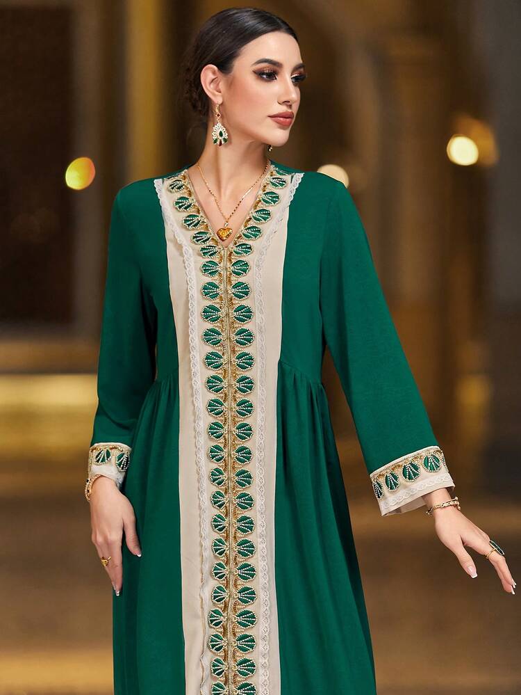 Color Block Beaded & Shell Decor Arabian Style Dress Kaftan Jalabiya Dress