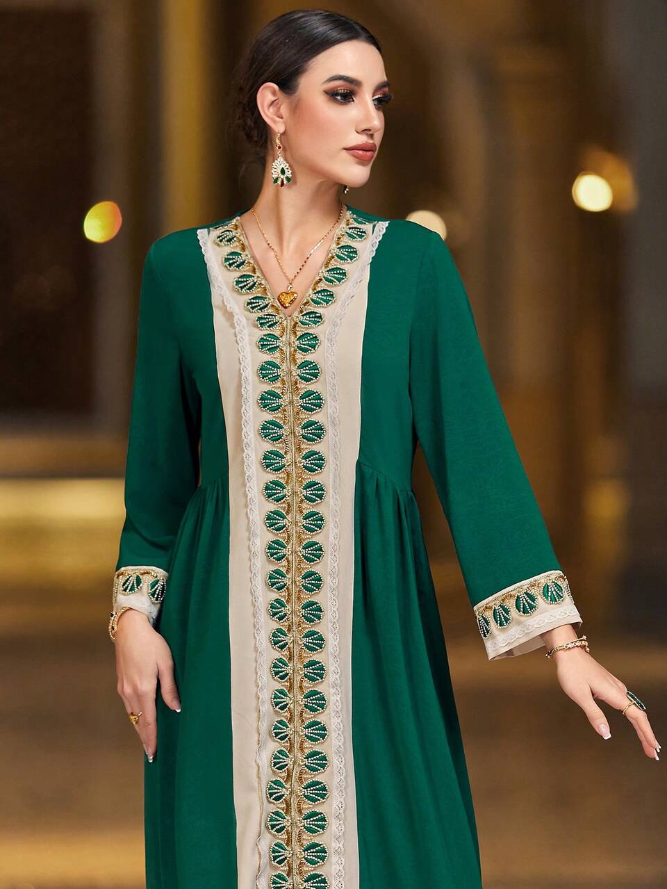 Color Block Beaded & Shell Decor Arabian Style Dress Kaftan Jalabiya Dress