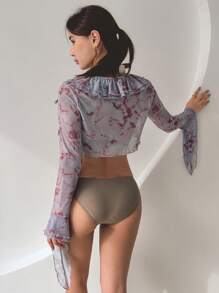 DAZY Peplum Hem Embellished Short Kimono Jacket With Ruffled Edge For Summer Beach Vacation Sheer,Tankini Bathing Suit - Multicolor - View 3