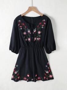 Flirla Plus Size Women's Floral Embroidery Round Neck Romper - Black - View 1