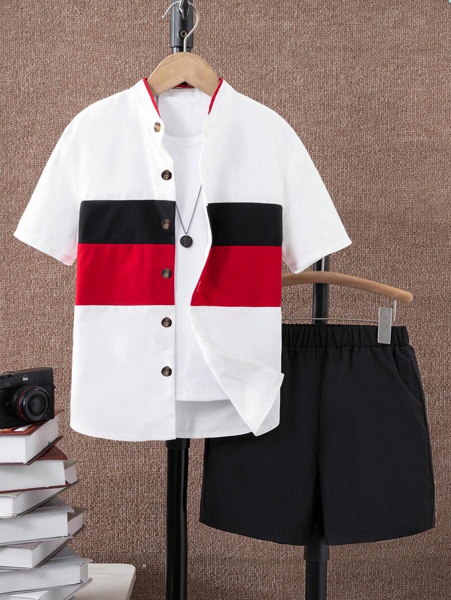 SHEIN 2pcs/Set Tween Boys' College Style Color Block Shirt And Shorts Outfit - Black - View 1