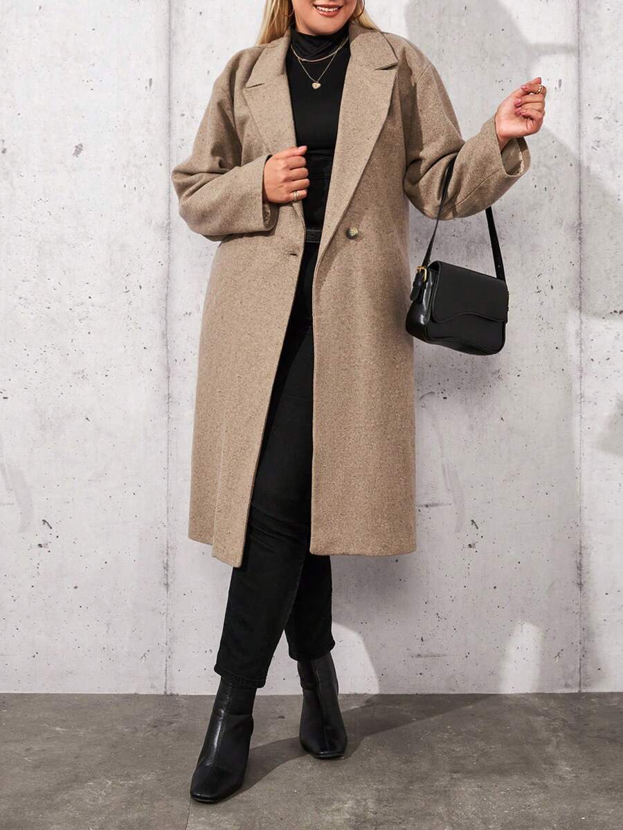 SHEIN Cottnline Plus Size Women's Single-Breasted Long Overcoat - Beige - View 1
