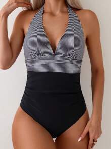 Swim Basics 女士條紋拼色露背連體泳衣,適用於夏季、海灘、度假、旅行、節日、游泳池、衝浪 - 彩色 - 查看 3