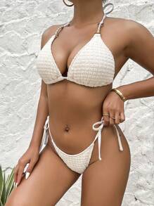 SHEIN Swim Conjunto de bikini de unicolor con textura y detalle de cordones laterales para playa de verano para damas - Blanco - Ver 3