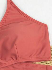 Swim Vcay 纯色露背上衣和圆点三角泳裤比基尼套装，两件套泳衣沙滩装夏季度假，夏季海滩 - 彩色 - 查看 4