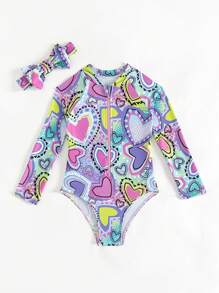 Young Girl Long-Sleeve One Piece Swimsuit With Random Printed Headband Included - Purple - View 5