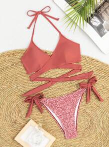 Swim Vcay 纯色露背上衣和圆点三角泳裤比基尼套装，两件套泳衣沙滩装夏季度假，夏季海滩 - 彩色 - 查看 5