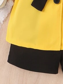 Conjunto De Chaleco De Tirantes Espaguetis Y Pantalones Cortos De Color Sólido Para Niñas Con Blazer Sin Cuello Y Sin Mangas De Bloque De Color - Amarillo - Ver 8