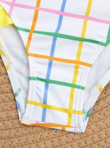 Young Girls' New Fashion Yellow Camisole And Colorful Checkered Tankini Set - Multicolor - View 3