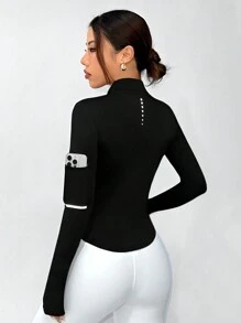 Easithlete Zipper Stand Collar Thumb Hole Workout Jacket - Black - View 6