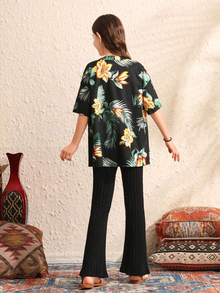 Tween Girls' Woven Botanical Print Shirt, Knitted Tube Top, And Flared Pants Three-Piece Set