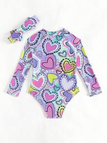 Young Girl Long-Sleeve One Piece Swimsuit With Random Printed Headband Included - Purple - View 2