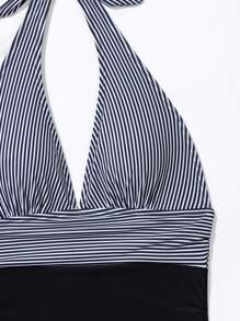Swim Basics 女士條紋拼色露背連體泳衣,適用於夏季、海灘、度假、旅行、節日、游泳池、衝浪 - 彩色 - 查看 5