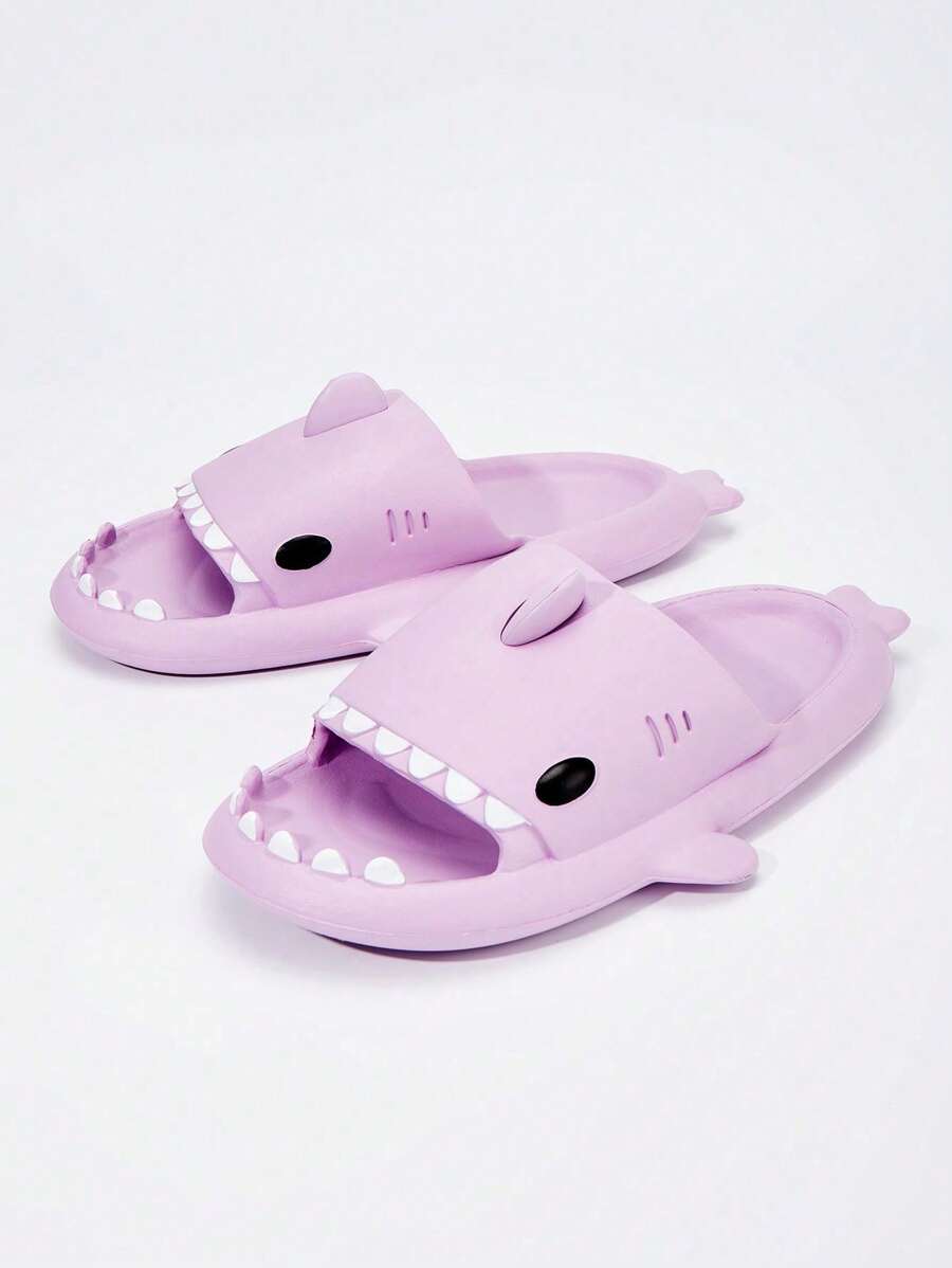 Women Shark Design Slides, Preppy Cartoon Purple Flat Slippers