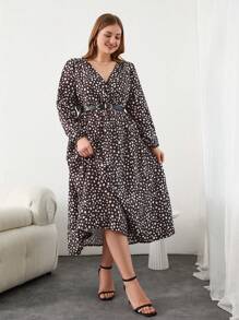 SHEIN Cottnline 大尺碼女裝襯衫,襯衫軟袖,波點印花連衣裙 - 棕色 - 查看 5