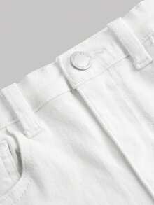SHEIN Nuevos Pantalones Vaqueros Blancos Para Niñas Preadolescentes Para Las Vacaciones De Verano, Cómodos Y Elásticos, Con Rasgaduras Y Un Toque De Sol - Blanco - Ver 3